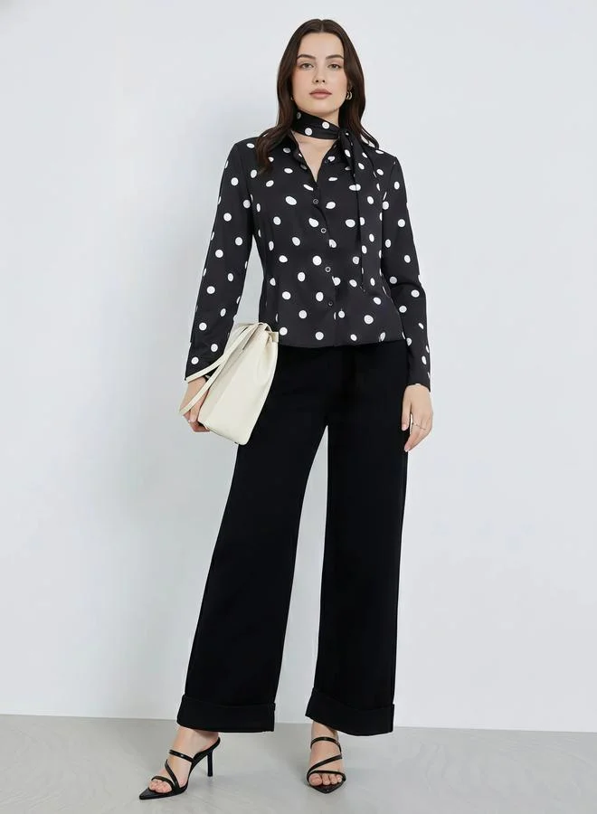 Styli Women Black Polka Dot Tie-Waist Shirt